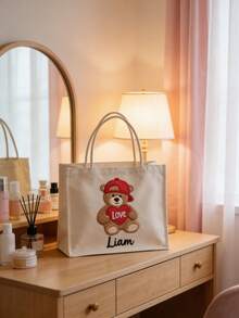 Customized Embroidered Tote Bag With Teddy Bear And Name, Cute Valentine's Day Style Gift Bag, Suitable As A Gift For Her Or Children - Multicolor - View 3