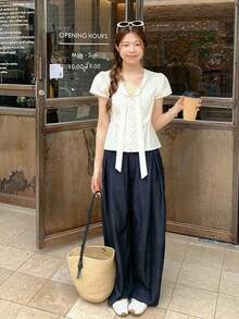 Korean Style Polka Dot Print Short Sleeve Blouse, Fashionable & Versatile Summer - Beige - View 7