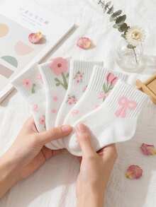 5双装婴儿纯色爱心图案柔软舒适弹力中筒袜 - 彩色 - 查看 4