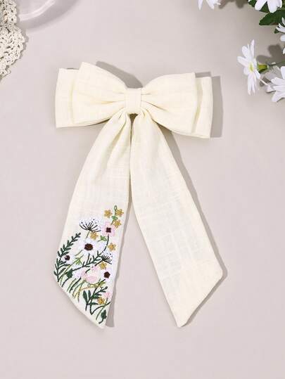 1pc Pastoral Style Fabric Hair Bows For Girls Sweet Floral Embroidery Alligator Clips With Long Tail Soft Fabric Hair Clips French Vintage Hair Barrettes Casual Hairpins Teens Hair Accessories