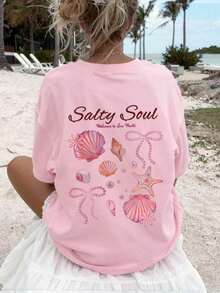 女士加大码粉色“Salty Soul”图案短袖T恤，弹力夏季休闲上衣 - 粉色 - 查看 4