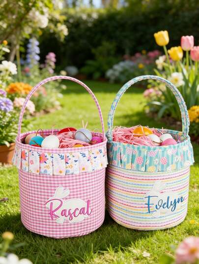 1pc Personalized Embroidered Easter Bunny Basket, Cotton Easter Egg Hunt Bag. Our Pastel Easter Bunny Basket