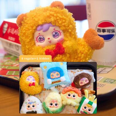  Samuel Fried Shrimp Squishy Mystery Blind Box, Cute Food Shaped Hanging Decor, 360° Rotating Eyes, Mini Easter Mystery Bag, 6+1 Collectible Gifts For Girls (Blind Box, Mystery Bag), Non-Plush Filled