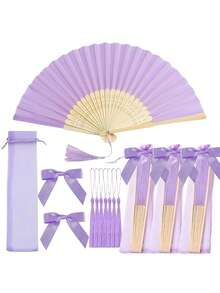 Conjunto de Leques Roxos para Presente de Casamento (Para Ela/Ele) | Leques dobráveis femininos com laços e borlas, bolsa de malha transparente, presentes decorativos para chás de panela, festas de casamento, aniversários, adereços para fotos de madrinhas, leque de verão - Roxo - Ver 1