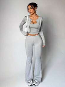 3pcs Minimalist Solid Color Fitted Cropped Cardigan, Camisole, And Flare Pants Set - Màu Xám nhạt - Xem 7