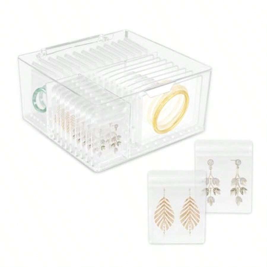 Caja De Joyería Organizador De Joyas con 60 Bolsas Portátiles Anti Deslustre para Joyas Caja de Almacenamiento de Joyería de Viaje Acrílico Transparente para Collares Aretes Anillos y Brazaletes - Transparente - Ver 1