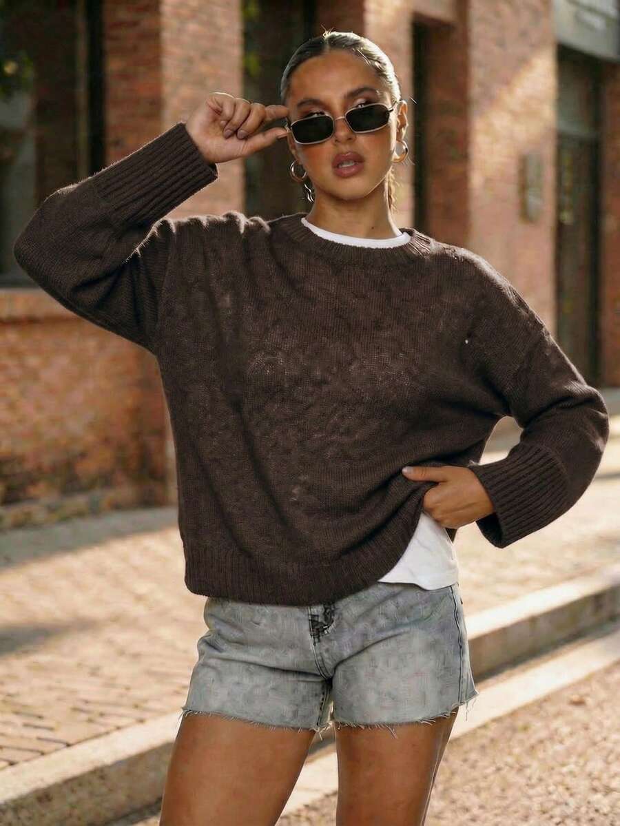Oversized Crew Neck Knit Sweater For Women - Cozy Loose-Fit Solid Color Pullover For Fall & Winter - Cà phê nâu - Xem 1