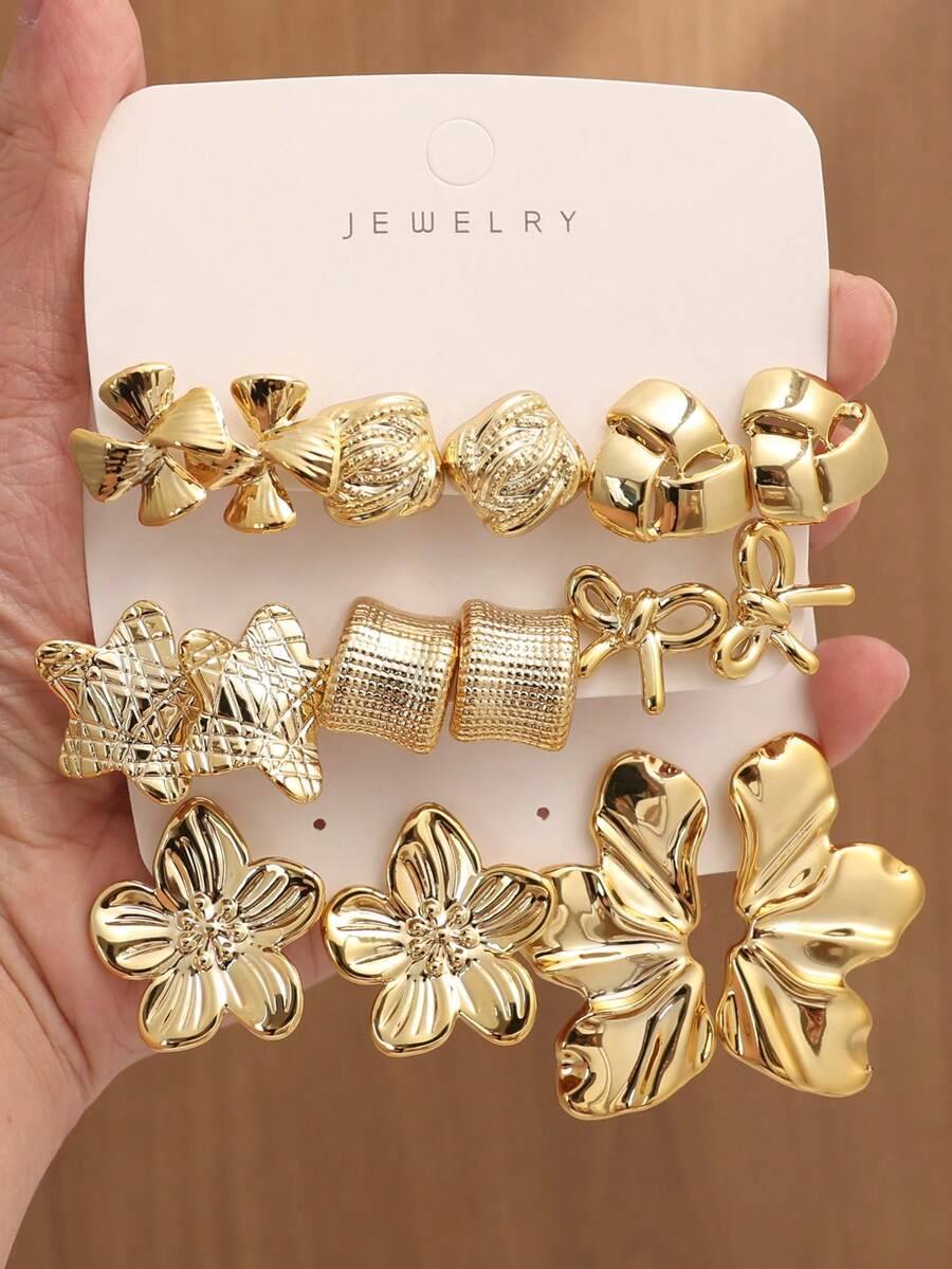4/6/16pcs Fashionable Elegant Starfish, Flower, Bow, Geometric Multi-Element Golden Metal Earring Set, Women Daily Wear Earring Set - Gold - View 1