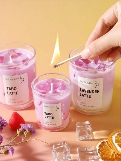 Portavelas de vidrio para aromaterapia - Diseño de café helado y latte de matcha, tiempo de quemado de 10-30 horas, sin humo, cera de soja, fragancia creativa para el hogar, adecuado para dormitorio, sala de estar, cocina, exterior, camping, boda, cumpleaños, regalo para ella, mamá