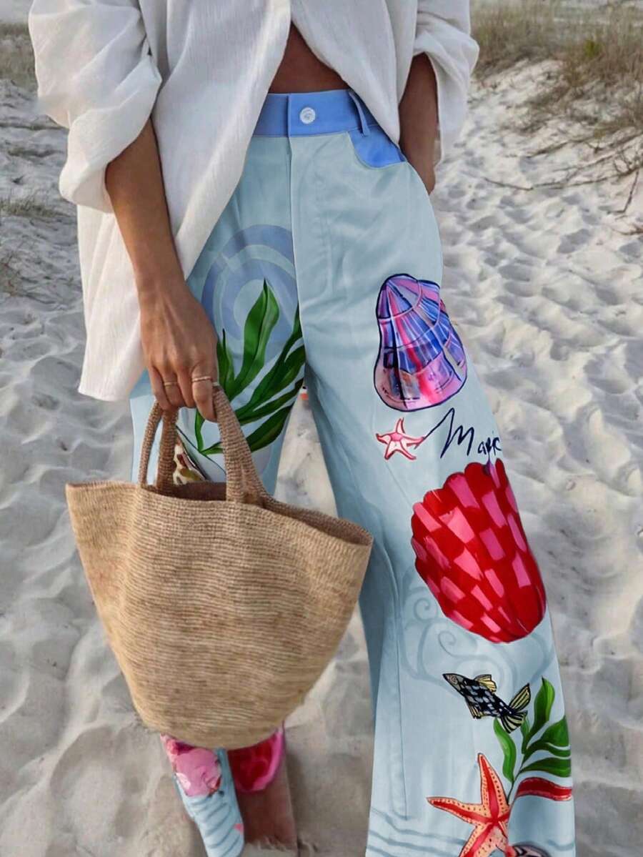 Phong cách nghỉ hè đi biển dành cho nữ của MOOSGOP: Rộng rãi, thời trang, thoải mái và đa năng. Có họa tiết độc đáo với hình ảnh đại dương mộng mơ. Quần ống rộng với túi hông. Hoàn hảo cho kỳ nghỉ hè và những bộ trang phục lấy cảm hứng từ biển. Mùa xuân - Màu xanh lam - Xem 1