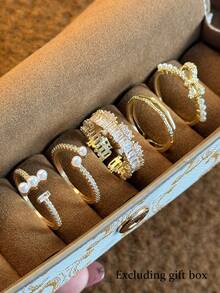 5件套奢华优雅立方氧化锆仿珍珠戒指，独特个性化，适合日常、派对、宴会、度假等场合，女士戒指 - 金黃色 - 查看 4