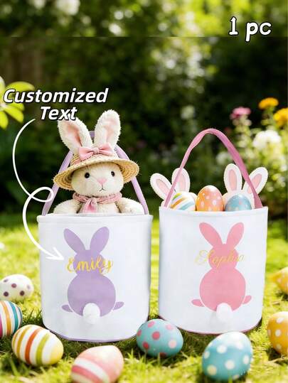 1 pieza Canasta de Pascua personalizada, adecuada para niños y niñas, Canasta de conejo de Pascua con nombre bordado, Canasta de almacenamiento de juguetes para niños, Regalo de Pascua