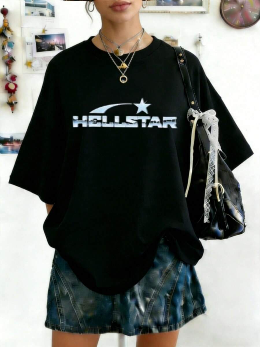 Plus Size Hellstars Metallic Star Logo Y2K Graphic T-Shirt,220g 100% Cotton,Round Neck Short Sleeve,Black Streetwear Essential For Summer Going Out,Unisex Style - 黑色 - 查看 1
