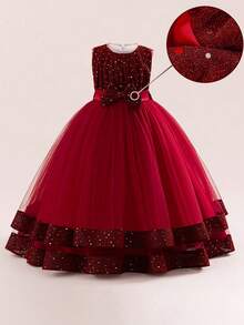 少女圆领蝴蝶结网纱优雅生日公主裙，适合日间派对和外出，不含头饰 - 酒紅色 - 查看 7