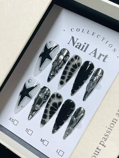 1package/10pcs-Gothic Black Marble Press On Nails | 3D Star & Crystal Embellished Fake Nails