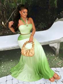 AIJ Amarilo Women's Green Ombre Cropped Twist Front Top + A-Line Maxi Skirt 2 Pieces Set - Perfect For Beach, Summer Vacation And Dates - Pale Green - View 3