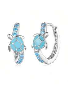2pcs Blue Zirconia Sea Turtle Earrings, Ocean Style Fashion Jewelry Gift For Women - Silver - View 8