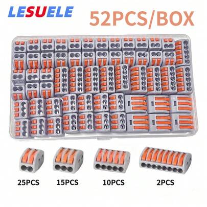 [52 ชิ้น ชุด] 212/213/215/218 ขั้วต่อแบบเร็ว, ขั้วต่อสายไฟแบบกล่อง, ขั้วต่อแบบเร็วสำหรับต่อวงจรด้วยปุ่มเดียว