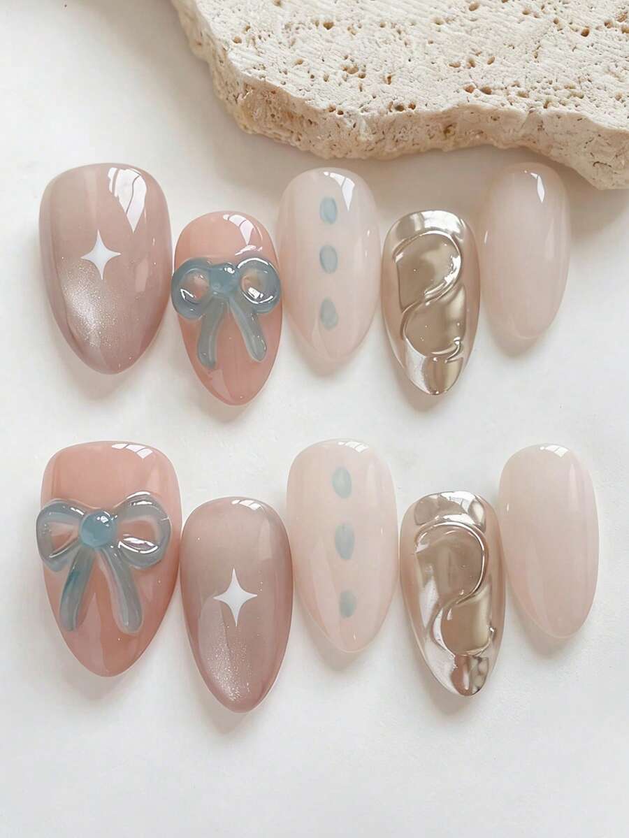 10片可爱简约ins日常百搭3D浮雕蝴蝶结手绘S形线条金属质感美甲贴纸，裸粉色杏仁形短款美甲装饰片 - 彩色 - 查看 1