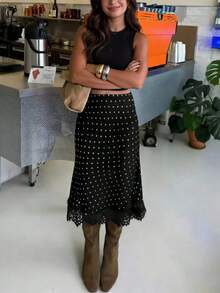 1件装女士优雅休闲波点蕾丝拼接A字裙，适合春夏日常外出、通勤、街头穿搭，黑色 - 黑色 - 查看 1
