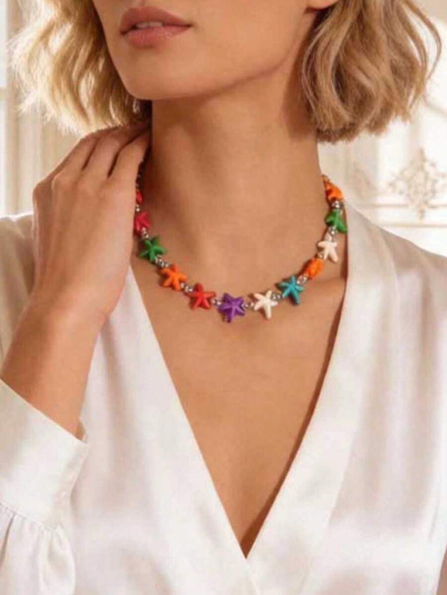 1 Stück Boho-Stil Stern Perlen Halskette, wunderschönes Geschenk für Frauen Strandurlaub