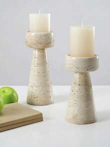 1pc/2pcs Minimalist Stone Texture Candle Holder, Nordic Style Cylindrical Candle Stand, Suitable For Home Decor, Photography Props And Dining Table Decoration, Beige - Candlestick - View 4
