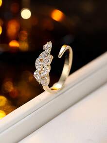 1pc Luxury Leaf Rhinestone Open Ring, Adjustable Minimalist Design Finger Ring, Delicate Versatile Jewelry Accessory For Women - Open Ring - View 7