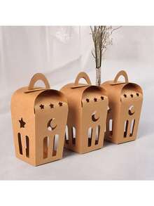 5 piezas Cajas de regalo de papel kraft con estampado de estrellas y lunas, cajas de almacenamiento de caramelos vintage huecas de color marrón, cajas de embalaje para festivales tradicionales, recuerdos de la fiesta de Eid Al-Adha, organizador de dulces, chocolates y aperitivos, cajas de regalo decorativas y prácticas de papel para fiestas en el hogar - Múltiples estilos - Ver 5