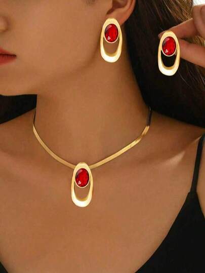 Juego de 3 piezas de joyería con collar + aretes para mujer, collar con colgante metálico geométrico asimétrico ovalado de diseño personalizado y bicolor de acrílico, versátil para uso diario, festivales y fiestas