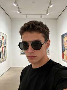 一副男女通用双梁多边形时尚眼镜，合金材质，防晒，复古休闲风格，周末度假款 - 亮黑 - 查看 1