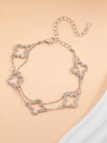 1pc Fashion Double-Layer Four-Leaf Clover Rhinestone Classic Design Bracelet For Girls - Silver - View 6