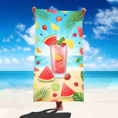 1pc Summer Beverage Theme Beach Towel, Super Soft Fiber Extra Large Beach Blanket, Super Absorbent Bath Towel, Suitable For Travel, Swimming Pool, Diving, Surfing, Yoga, Camping, Available In Multiple Sizes, Beach Accessories For Beach, Pool, Travel, Camping, Yoga