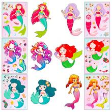 6入/組美人魚換臉貼紙，可愛美人魚公主卡通圖案，趣味互動DIY拼圖設計，強黏著可重複使用不傷手，鮮豔色彩與可愛圖像，適用於手工藝、學校獎勵、生日派對贈品，趣味拼圖貼紙 - 彩色 - 查看 2