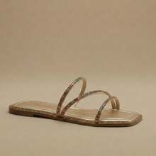 Set Of 2 Pairs Of Women's Flat Sandals With 3 Straps, Colorful Rhinestone Glitter, Comfortable, Soft, Lightweight, Square Toe. - Cream/Caramel - View 7