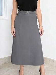Long Skirt With Tie Belt. Zipper. With Belt. - Gris - Ver 1