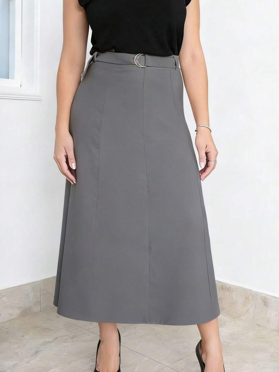 Long Skirt With Tie Belt. Zipper. With Belt. - Gris - Ver 1