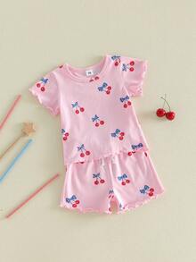 Conjunto patriótico para niña pequeña, de moda, con estampado de cerezas del 4 de julio, top de manga corta y pantalones cortos, 2 piezas - Rosa brillante - Ver 1