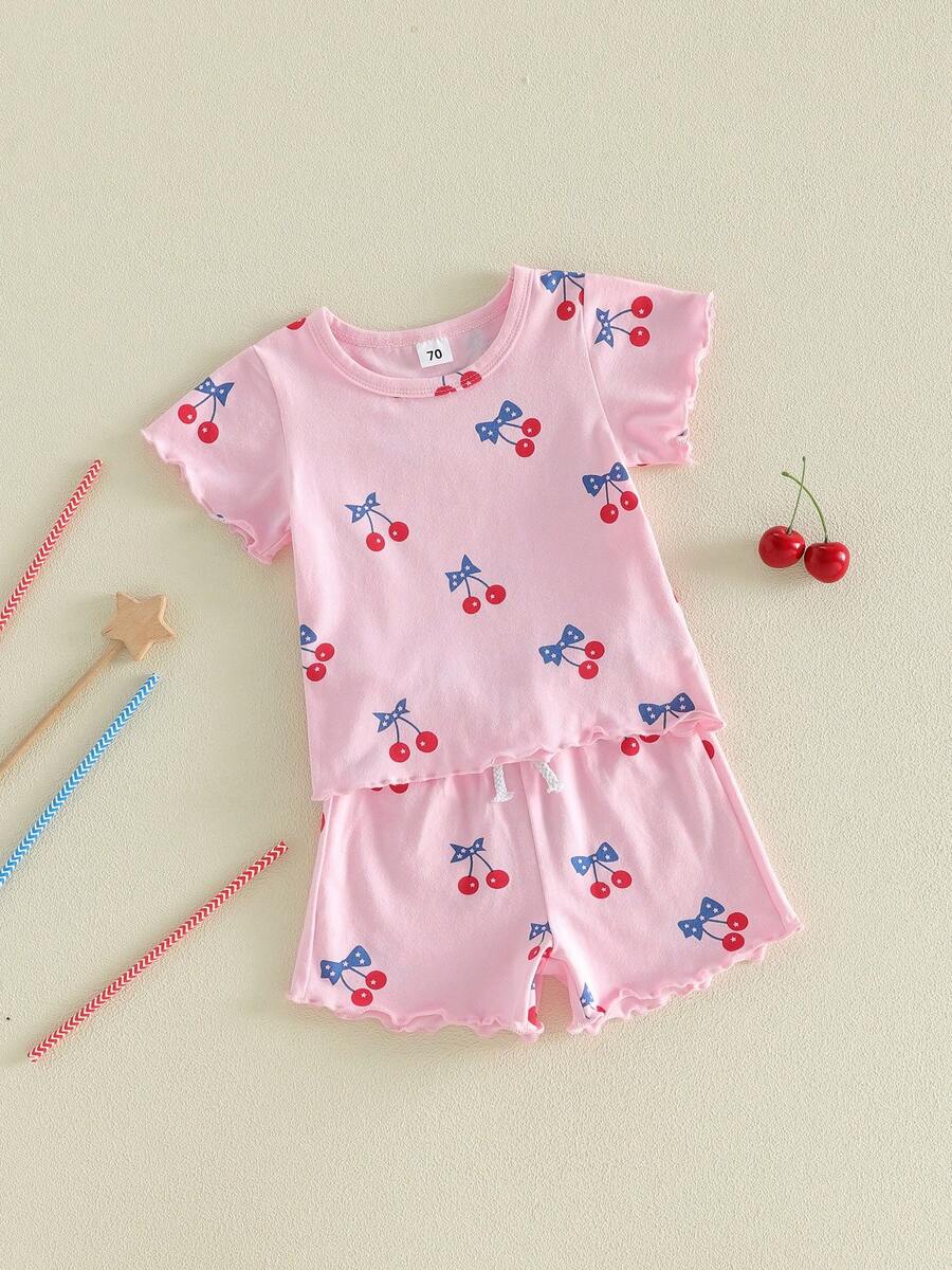 Conjunto patriótico para niña pequeña, de moda, con estampado de cerezas del 4 de julio, top de manga corta y pantalones cortos, 2 piezas - Rosa brillante - Ver 1