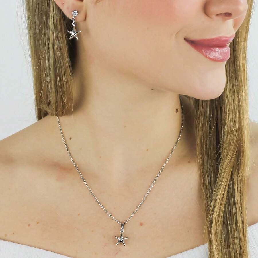 Earrings And Necklace With Zirconia Crystal And Star Pendant Set For Women, Stainless Steel, Hypoallergenic, Water Resistant - Bạc - Xem 1