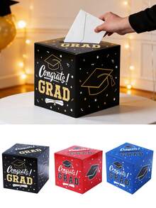 1 Set Graduation Paper Card Gift Box, Congratulations Graduation Party Card Storage Box, 2026 Graduate Message Card Box, Voting Box, Suggestion Card Box, Graduation Voting Game Supplies, Graduation Party Decorations, Graduation Party Supplies, Graduation Gift, Black Gold, Blue Gold, And Red Gold - Graduation Season - View 2