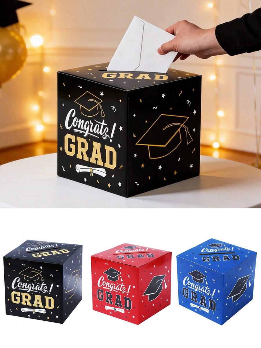 1 Set Graduation Paper Card Gift Box, Congratulations Graduation Party Card Storage Box, 2026 Graduate Message Card Box, Voting Box, Suggestion Card Box, Graduation Voting Game Supplies, Graduation Party Decorations, Graduation Party Supplies, Graduation Gift, Black Gold, Blue Gold, And Red Gold