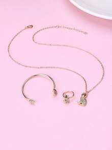 1条项链、1条手链、1枚戒指，彩色珐琅锌合金可爱猫咪首饰套装，适合日常佩戴，女孩款 - 彩色 - 查看 4