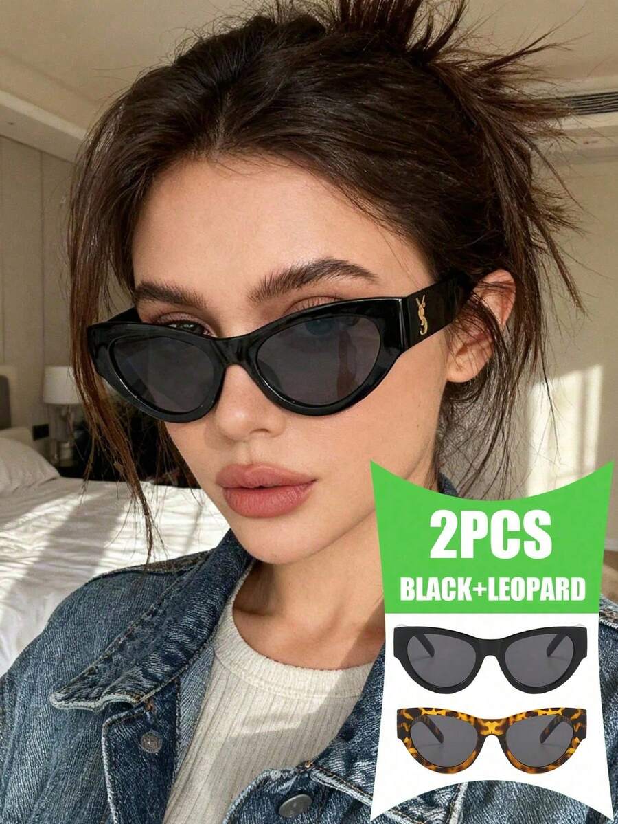 2副新款猫眼时尚眼镜,女士百搭街头风眼镜 - 黑框灰片+豹紋灰片 - 查看 1
