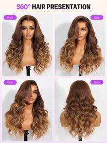 MEGALOOK Glueless 13x6 Lace Front Wig Human Hair Body Wave Ombre Brown Highlight Glueless Wigs 100% Virgin Human Hair Breathable Cap Adjustable Drawstring For Women - Multicolor - View 5