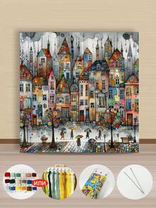11CT/14CT/16CT印花十字绣DIY套装，涤纶材质，色彩缤纷的城镇图案，适合初学者和成人，轻松DIY刺绣套装，包含印花布料、绣针、绣线、图纸和说明书。手工艺术品，家居墙面装饰礼品，尺寸：40*40厘米/15.7*15.7英寸 - 40X40CM - 查看 3