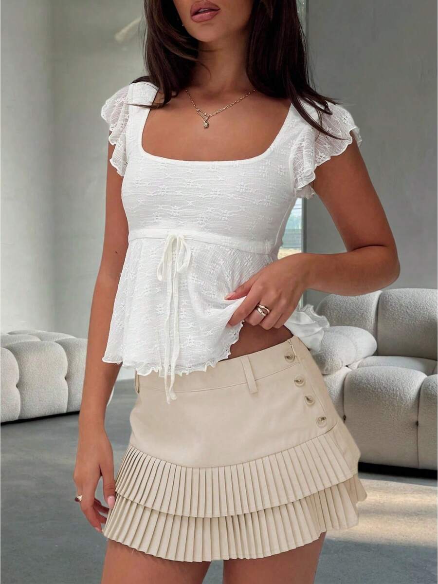 Women Y2K Floral Shirt Top Fairycore Lace Patchwork Short Sleeve Square Neck Tie Front Ruffle T Shirts Slim Fit Tunic Tops Summer Aesthetic Going Out Tops Tees Vintage Streetwear - trắng - Xem 1