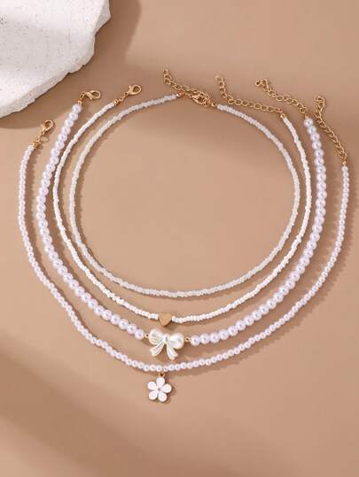 4pcs/Set Girls Pearl Beaded Heart, Bow, Flower Necklace Set, Suitable For Daily Decoration