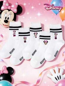 Disney 1/5 Pairs Kids White Invisible Socks With Parallel Stripe Pattern, Cute Cartoon Design, Fashionable Casual Breathable Socks For Students Boys And Girls - Multicolor - View 1
