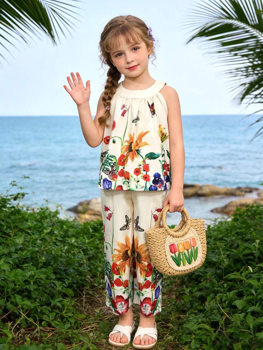 2件套女童休闲度假印花吊带上衣和长裤，春夏款 - 杏色 - 查看 1