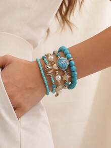 6 件套海洋主题彩色树脂几何贝壳串珠波西米亚多层脚链套装，适合女性休闲佩戴、在海滩佩戴或作为节日礼物 - 彩色 - 查看 2